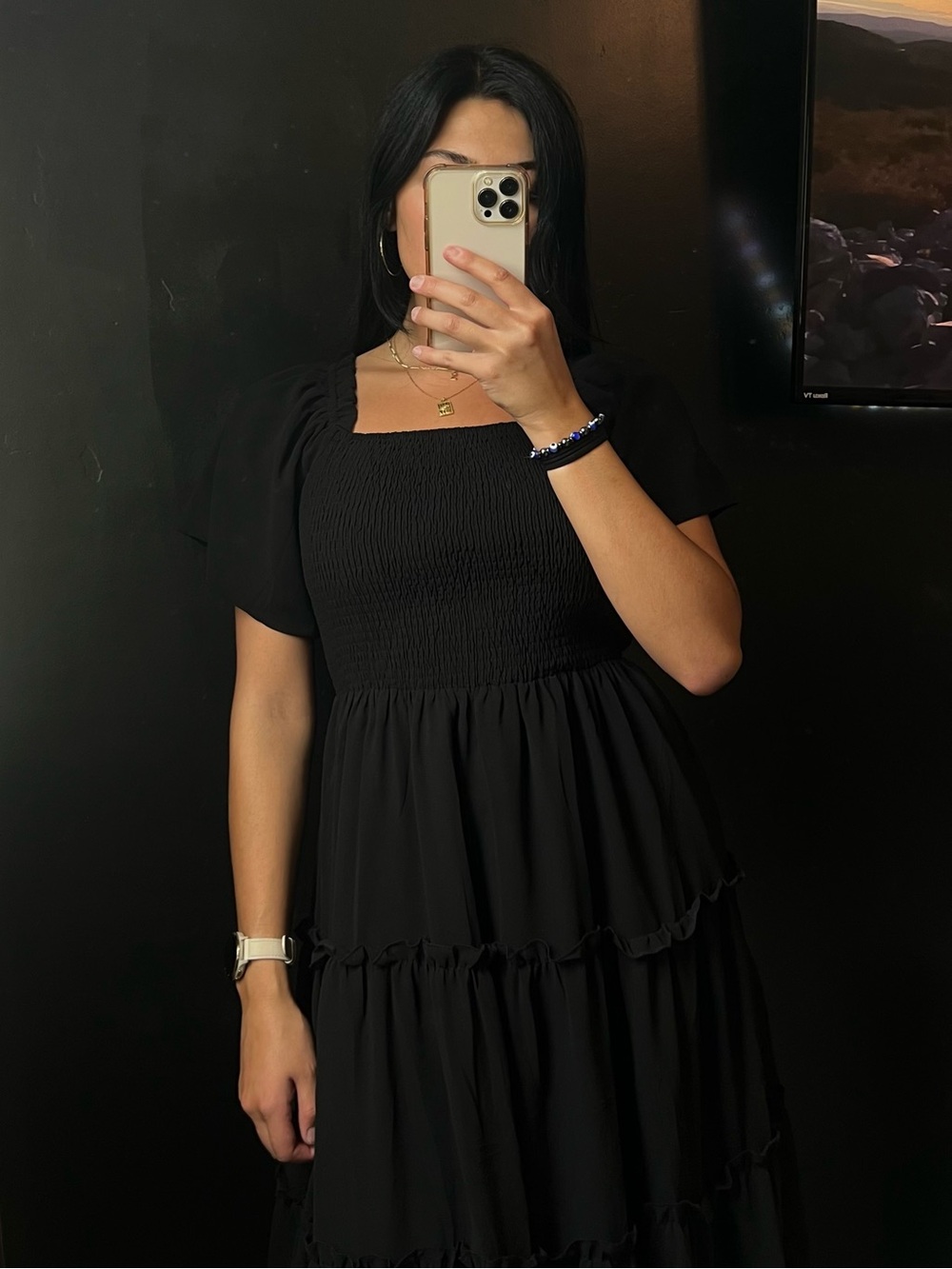 Black Square-Neck Tiered Midi Dress - Elegant Bridesmaid Dress